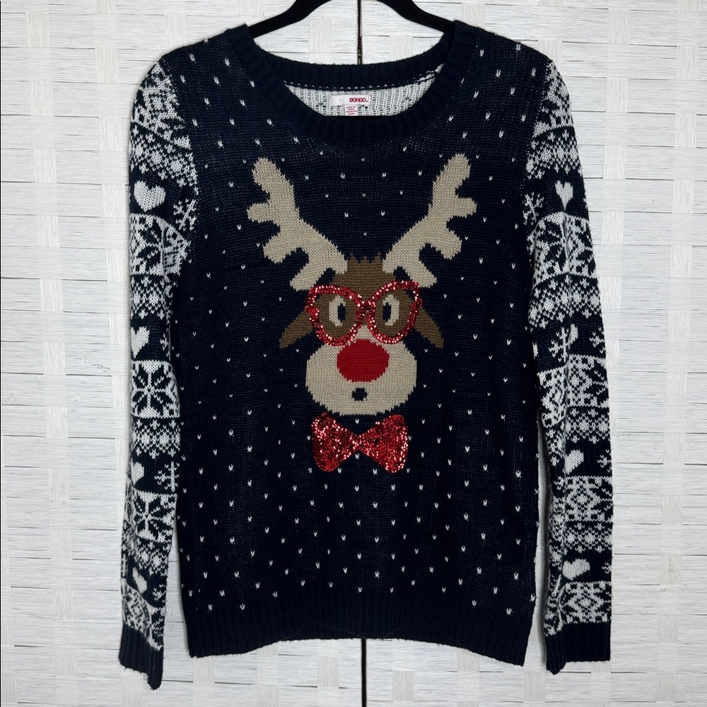 BONGO‎ Navy & White Christmas Reindeer Sweater with Sequin Detail Size Medium